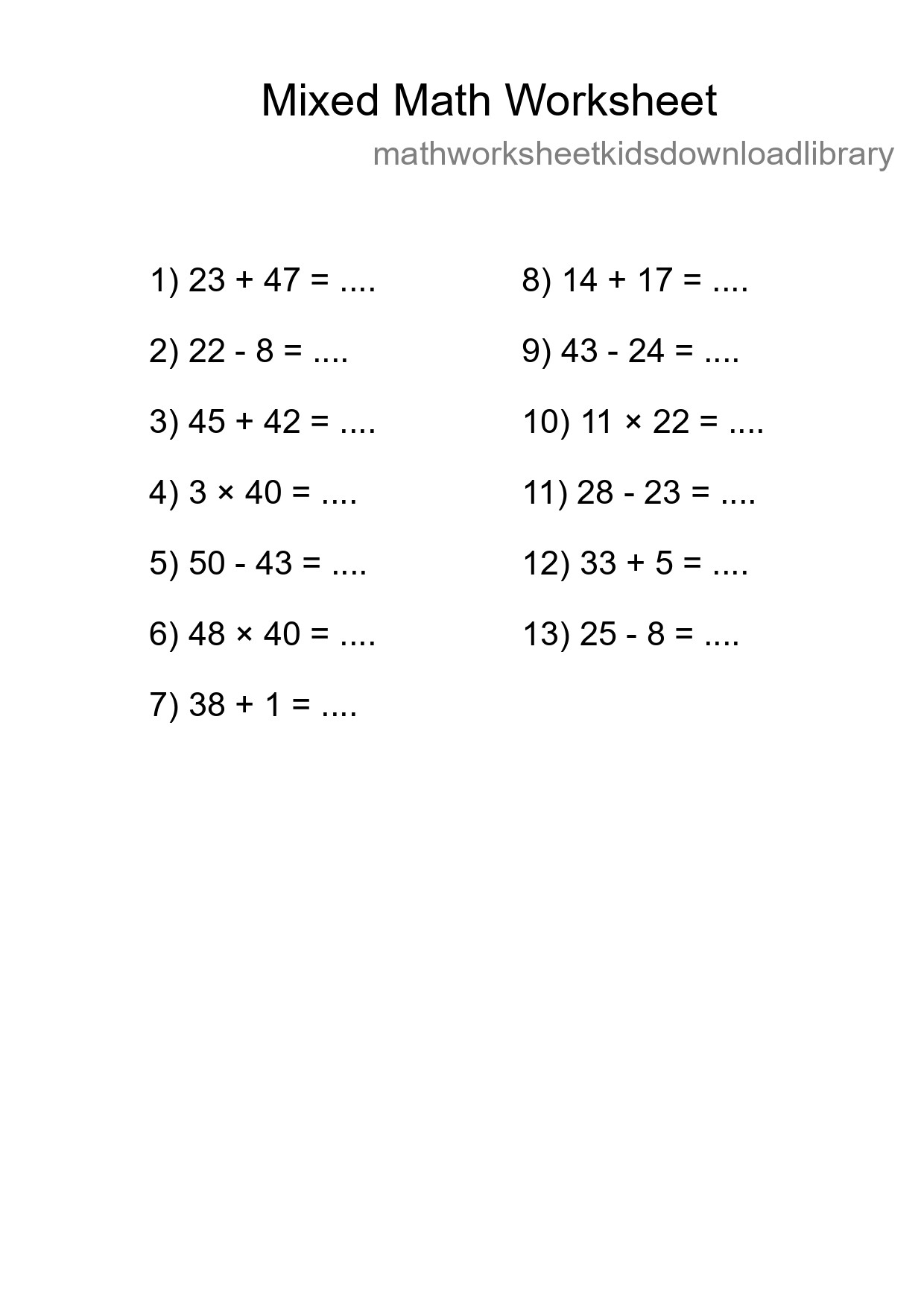 Mixed Operations Math Worksheet