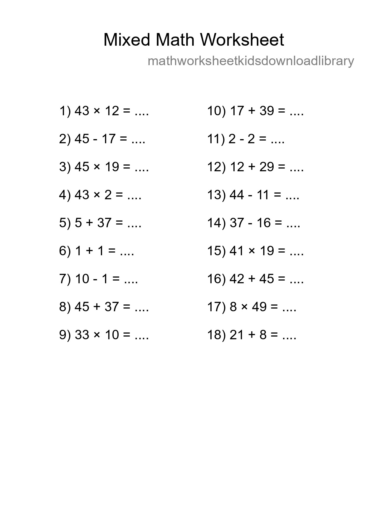Mixed Operations Math Worksheet