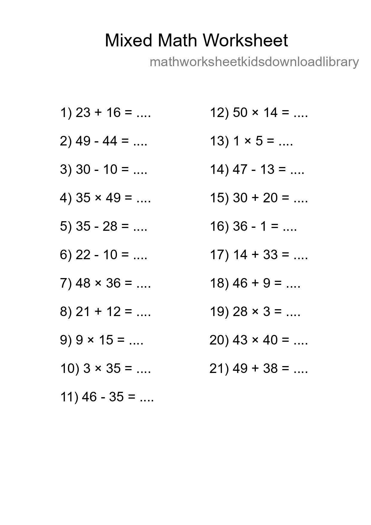 Mixed Operations Math Worksheet