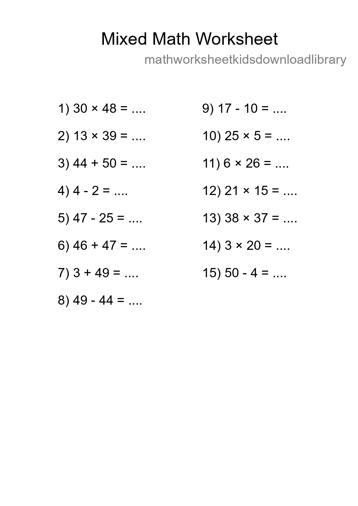 Mixed Operations Math Worksheet