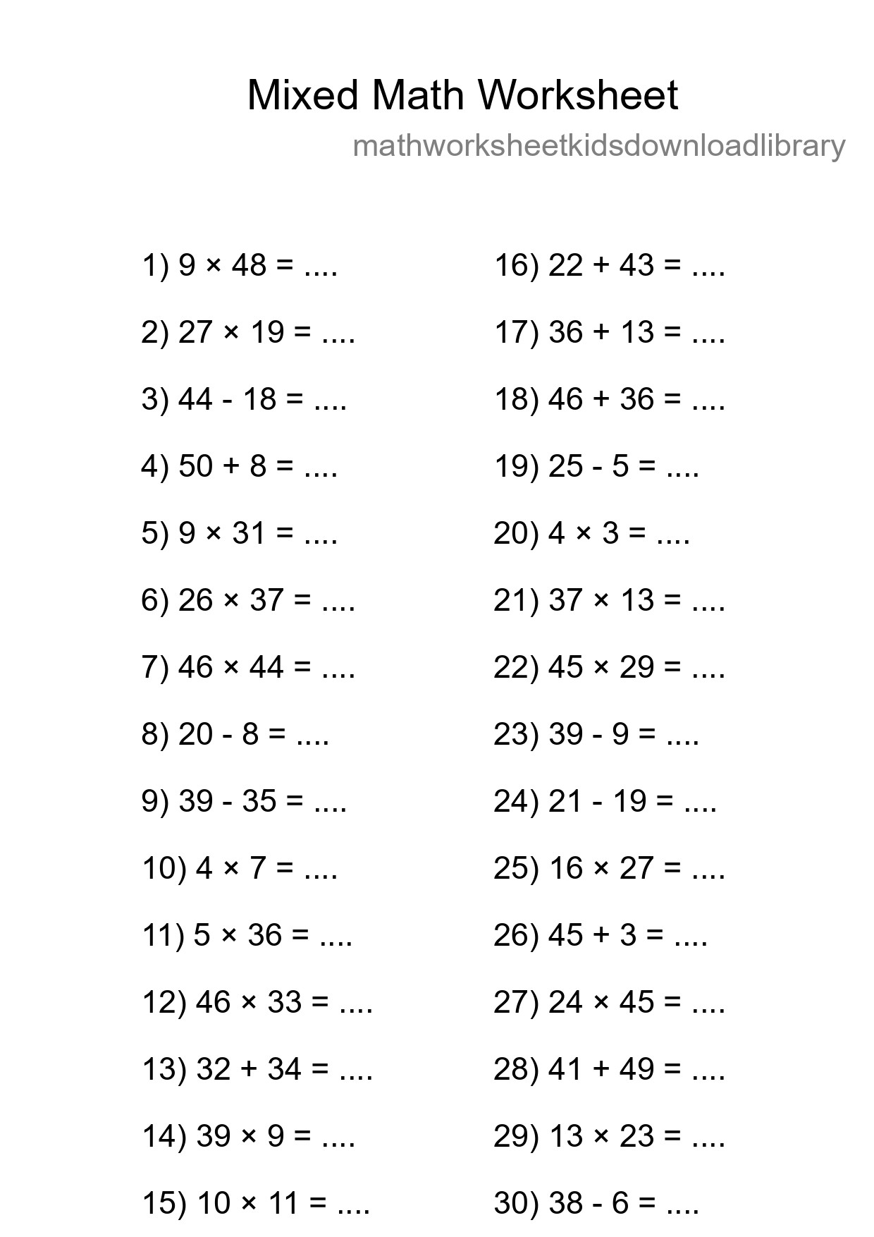 Mixed Operations Math Worksheet