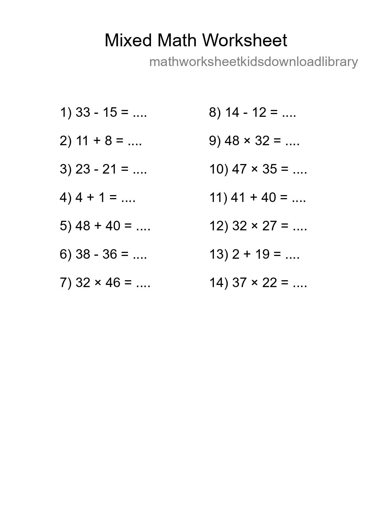 Mixed Operations Math Worksheet