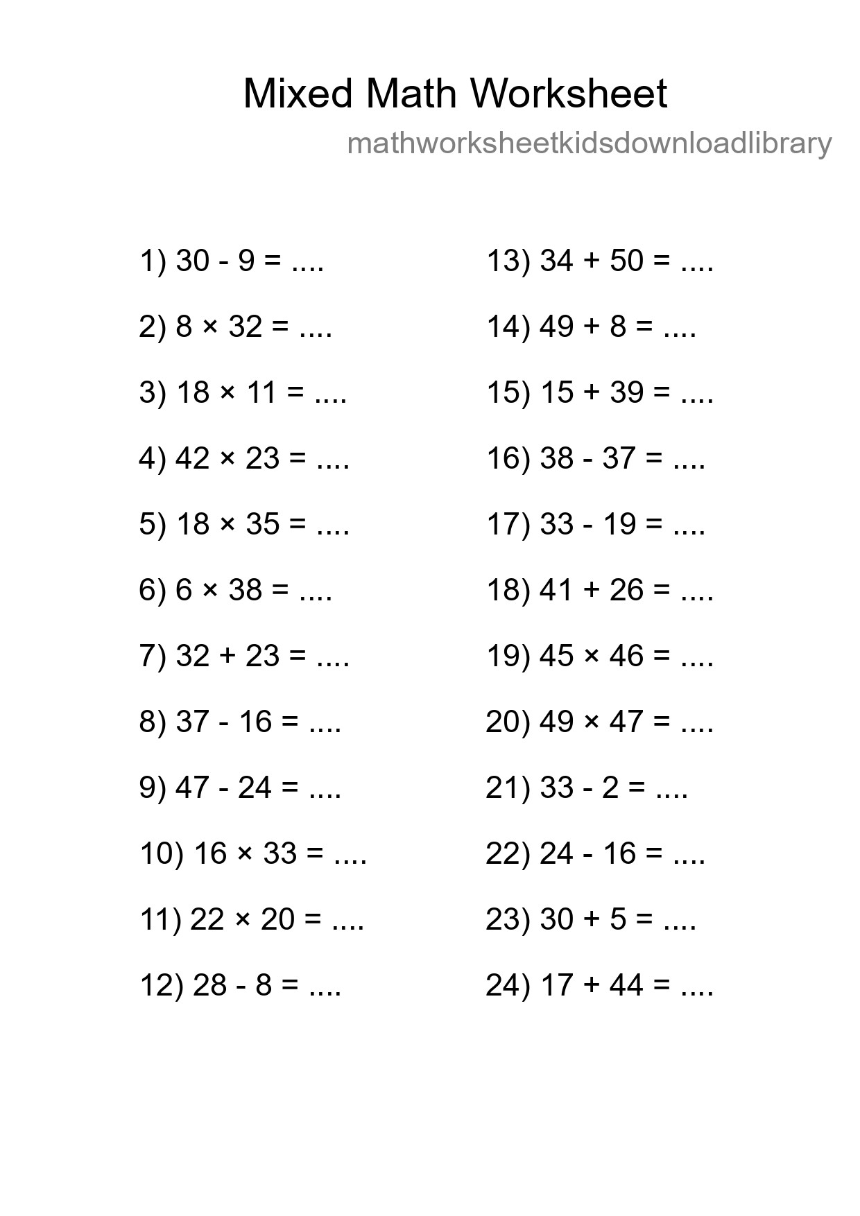 Mixed Operations Math Worksheet