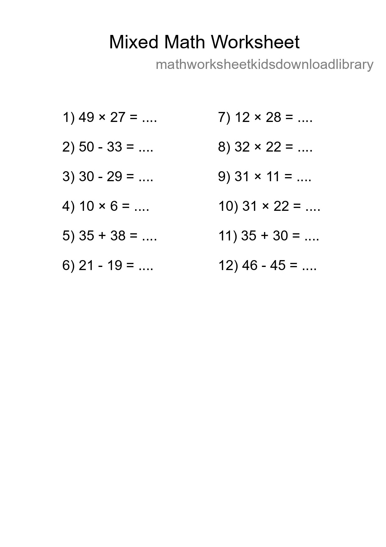 Mixed Operations Math Worksheet