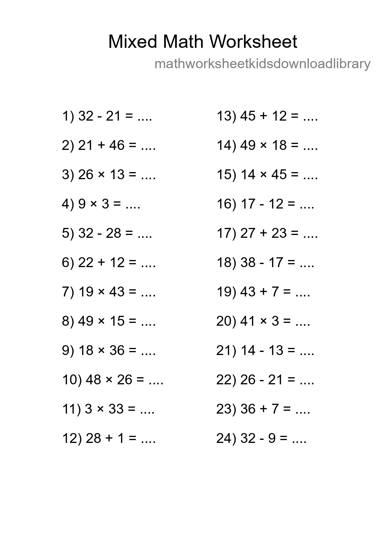 Mixed Operations Math Worksheet