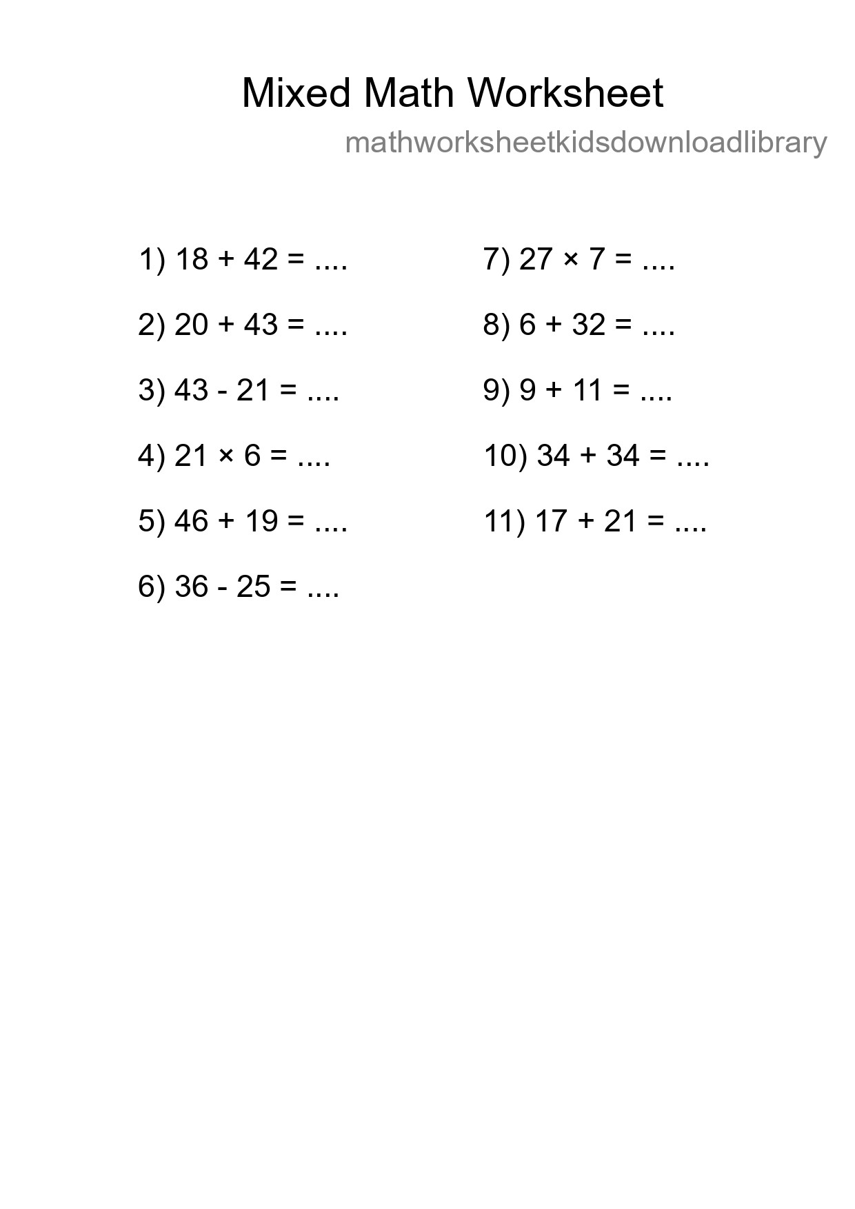 Mixed Operations Math Worksheet