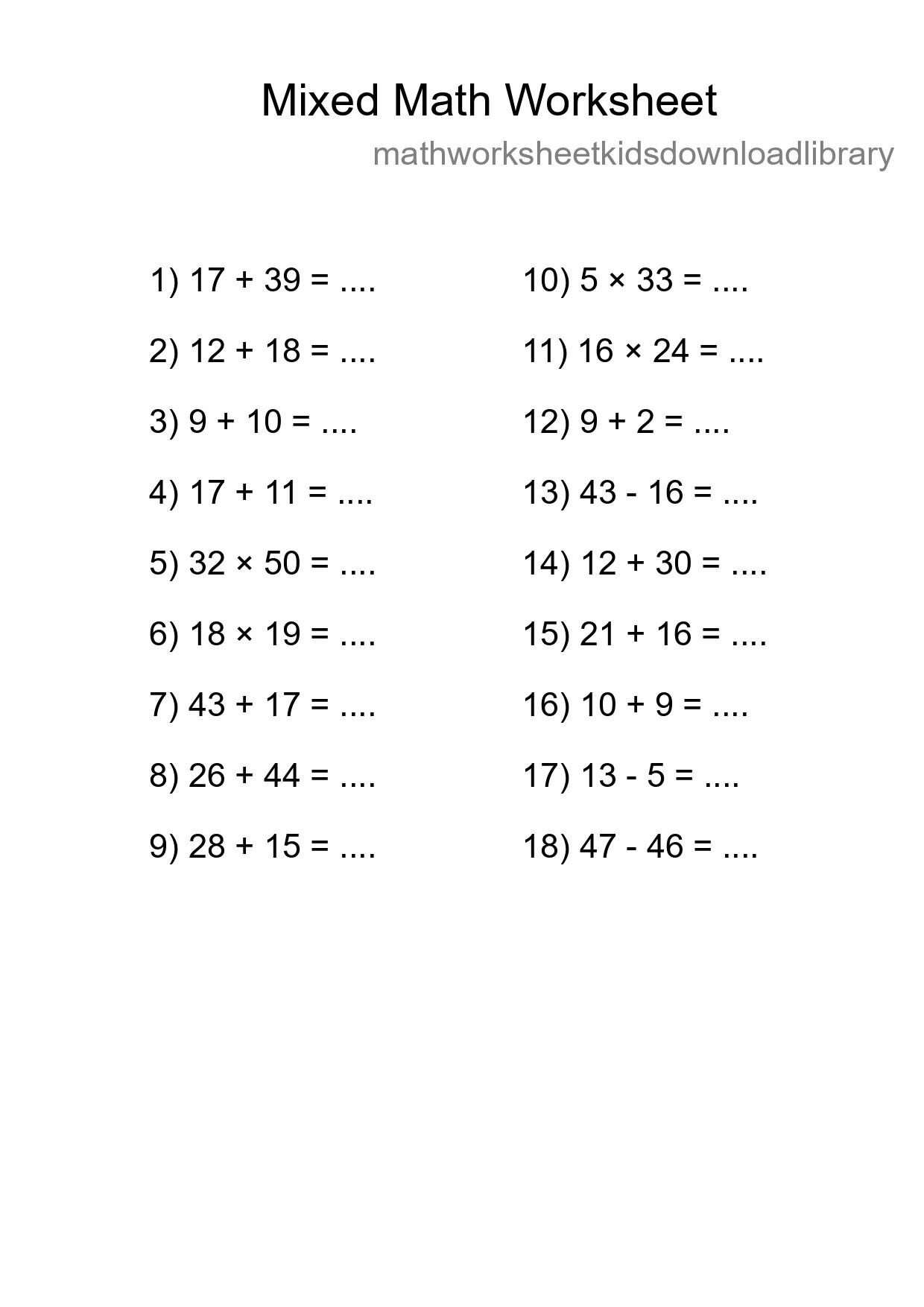 Mixed Operations Math Worksheet