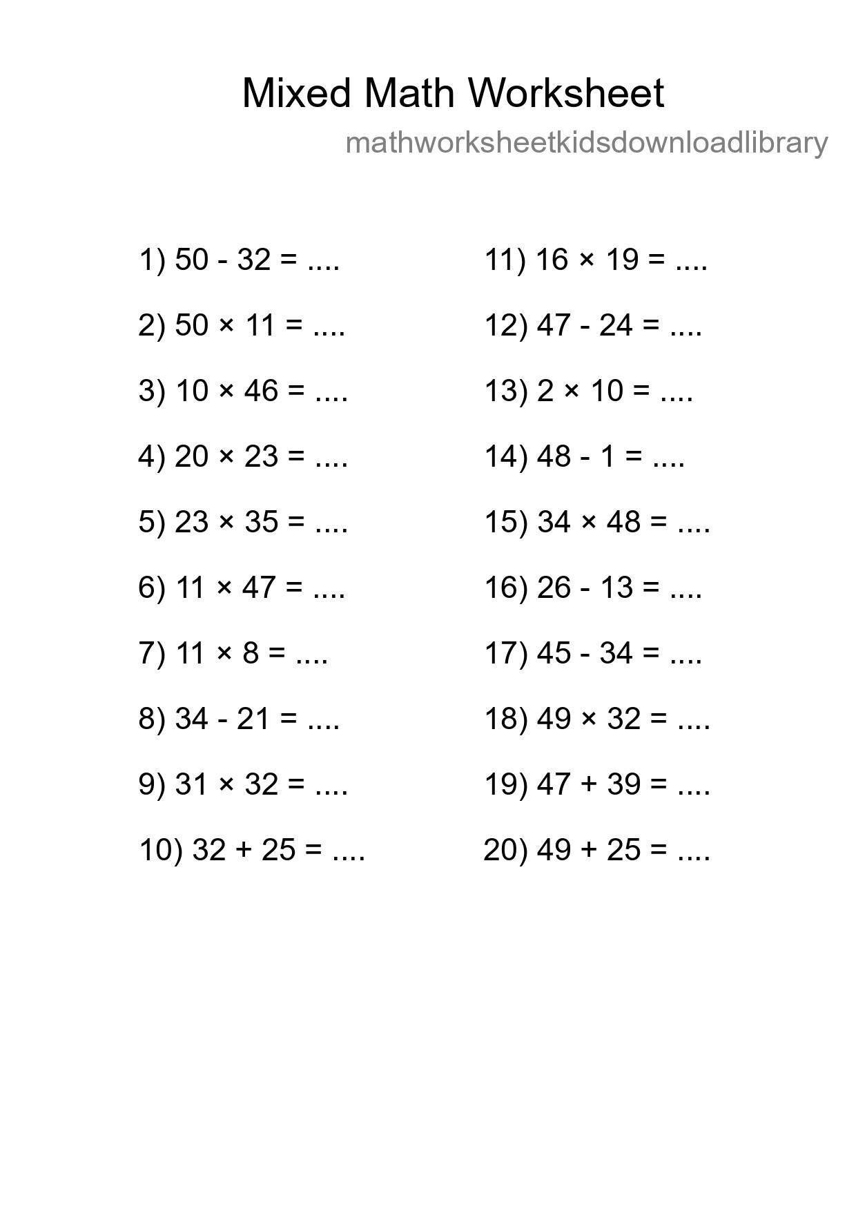 Mixed Operations Math Worksheet