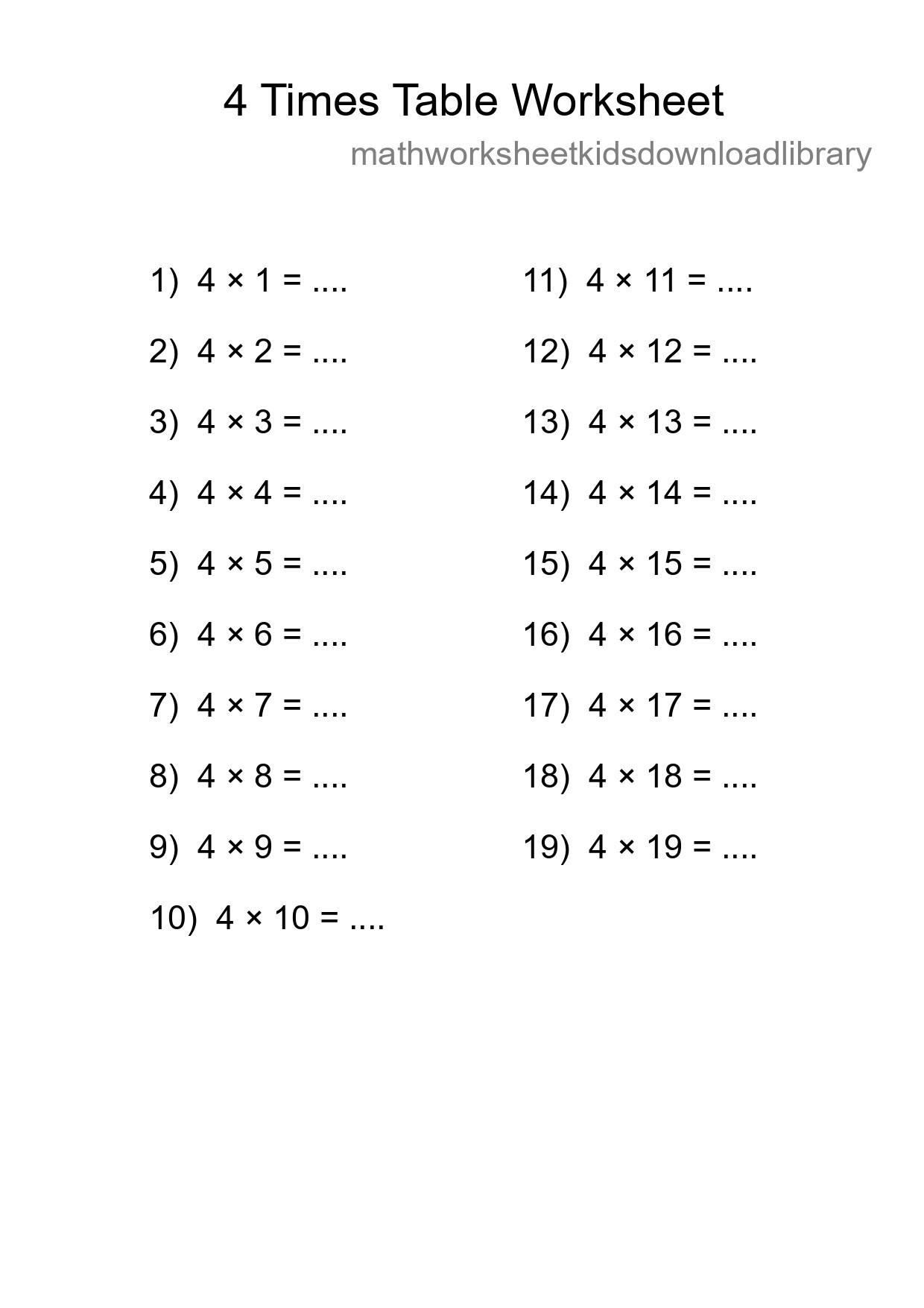 Printable 4 Times Table Worksheet For Grade 2 - Part 163