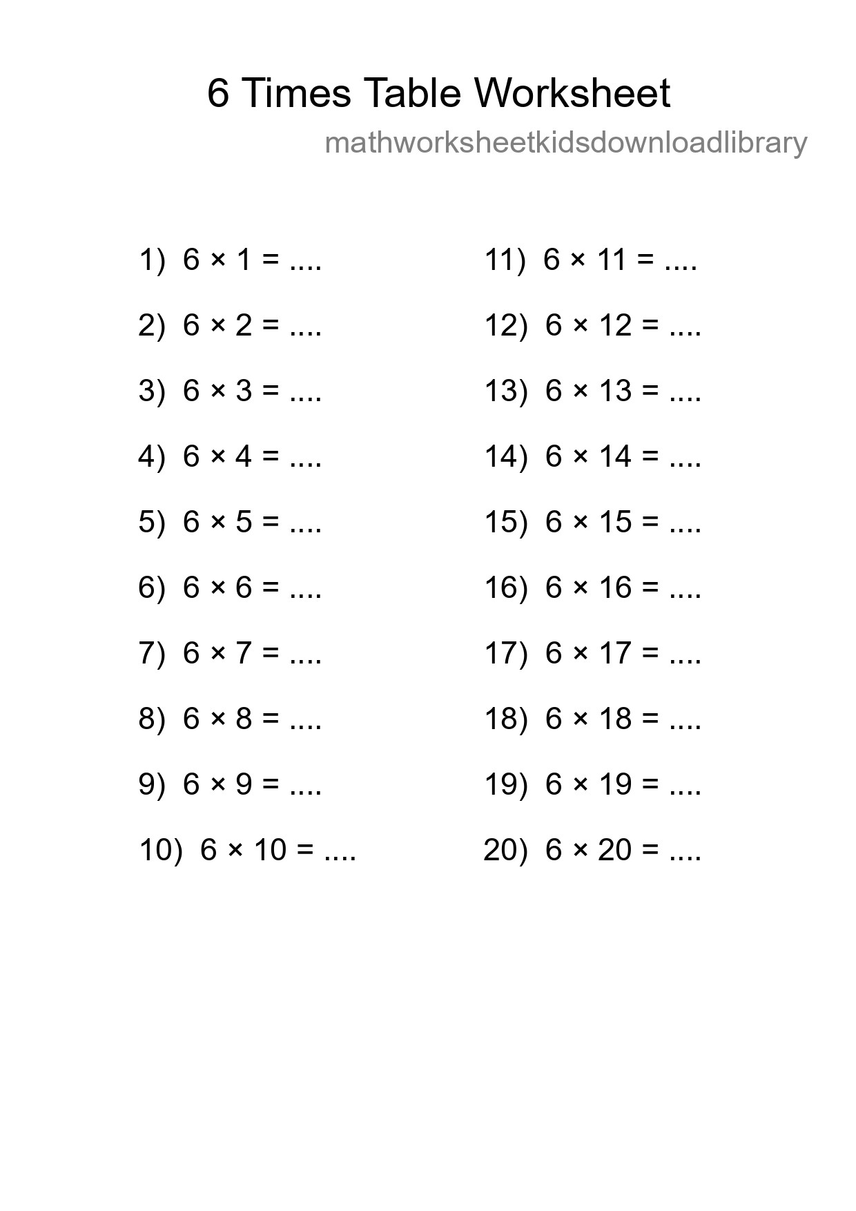 Printable 6 Times Table Worksheet For Grade 3 - Part 196