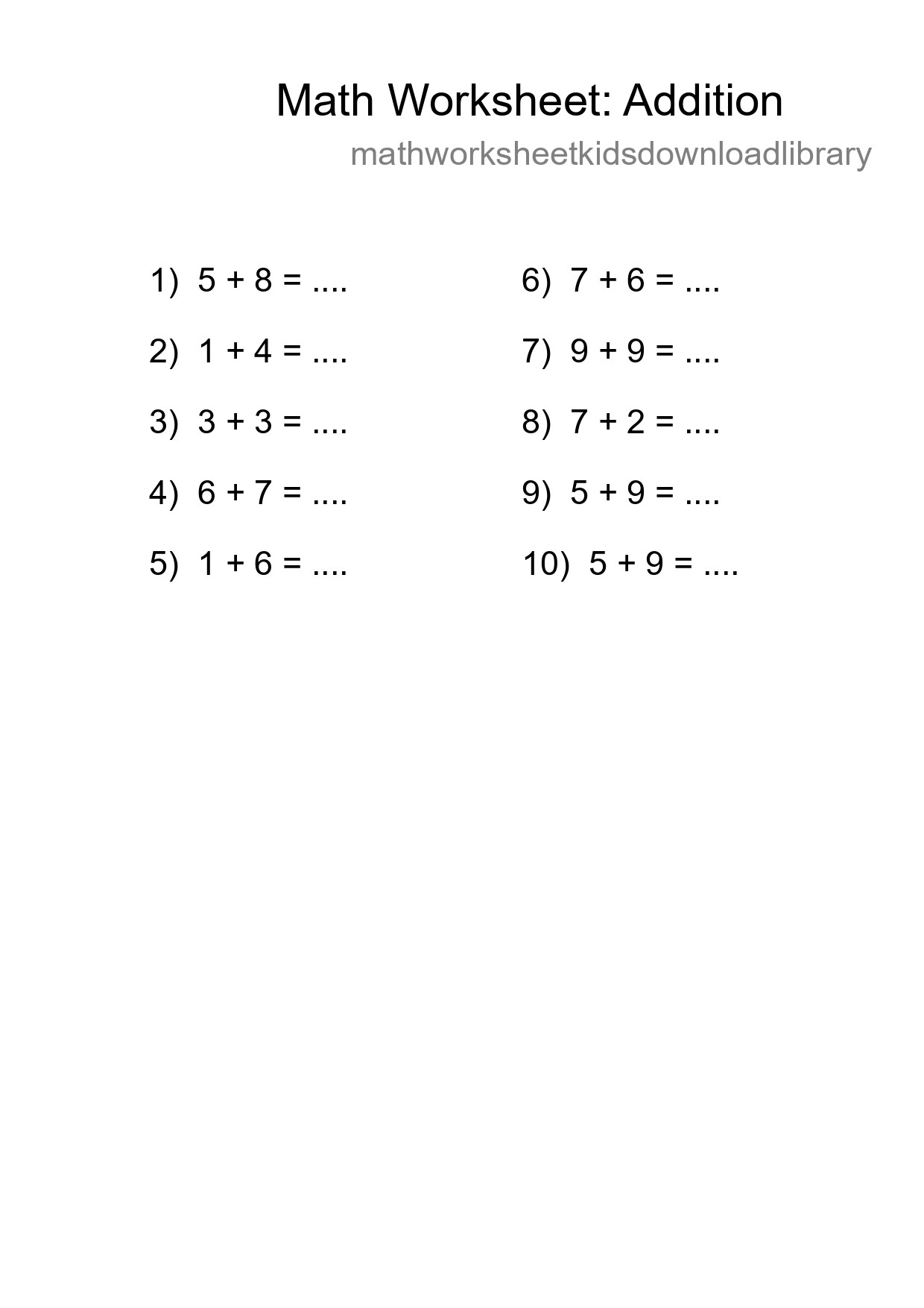 Printable Free 10 Addition Math Worksheet For Grade 1 - Part 100