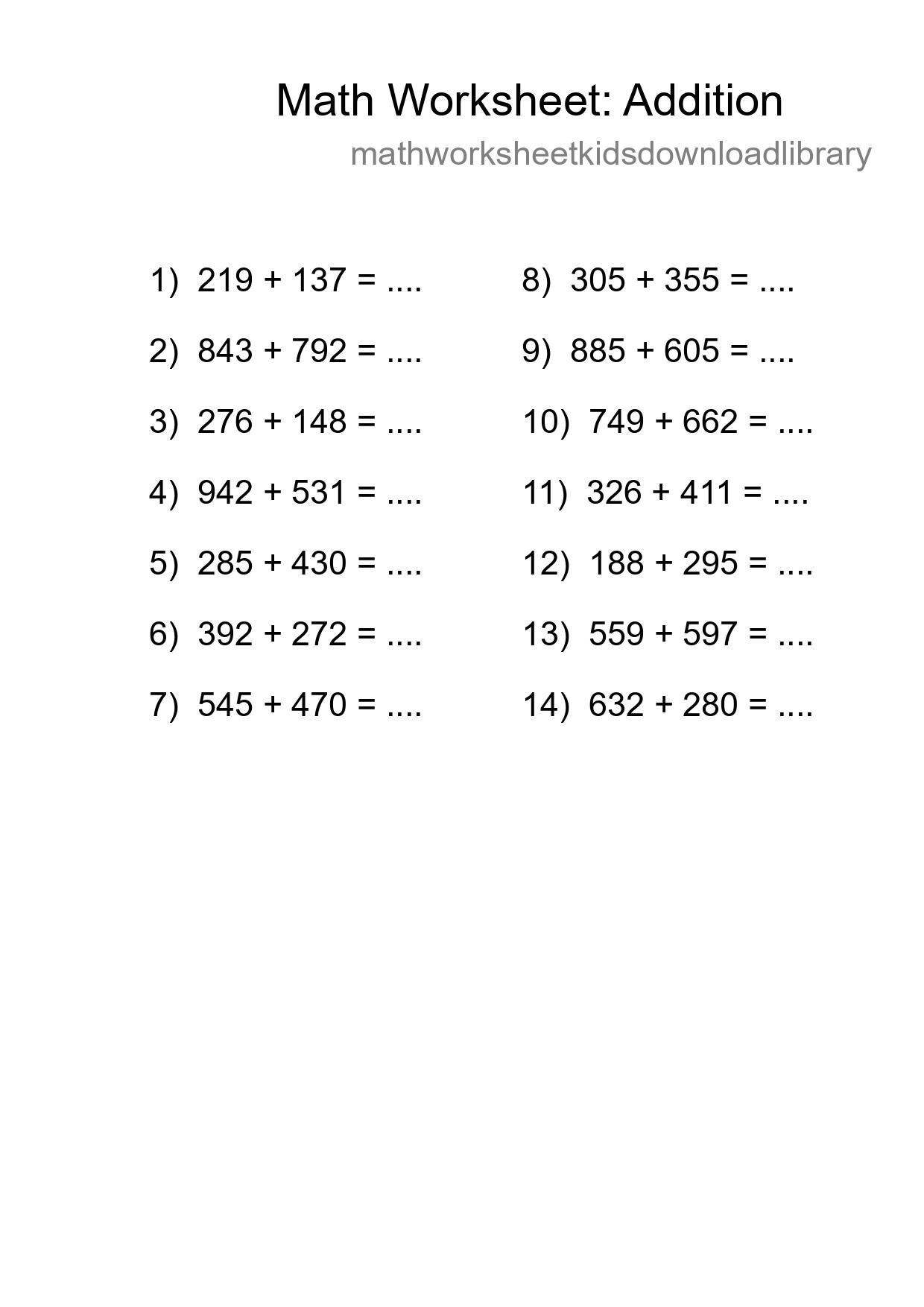 Printable Free 14 Addition Math Worksheet For Grade 5 - Part 155