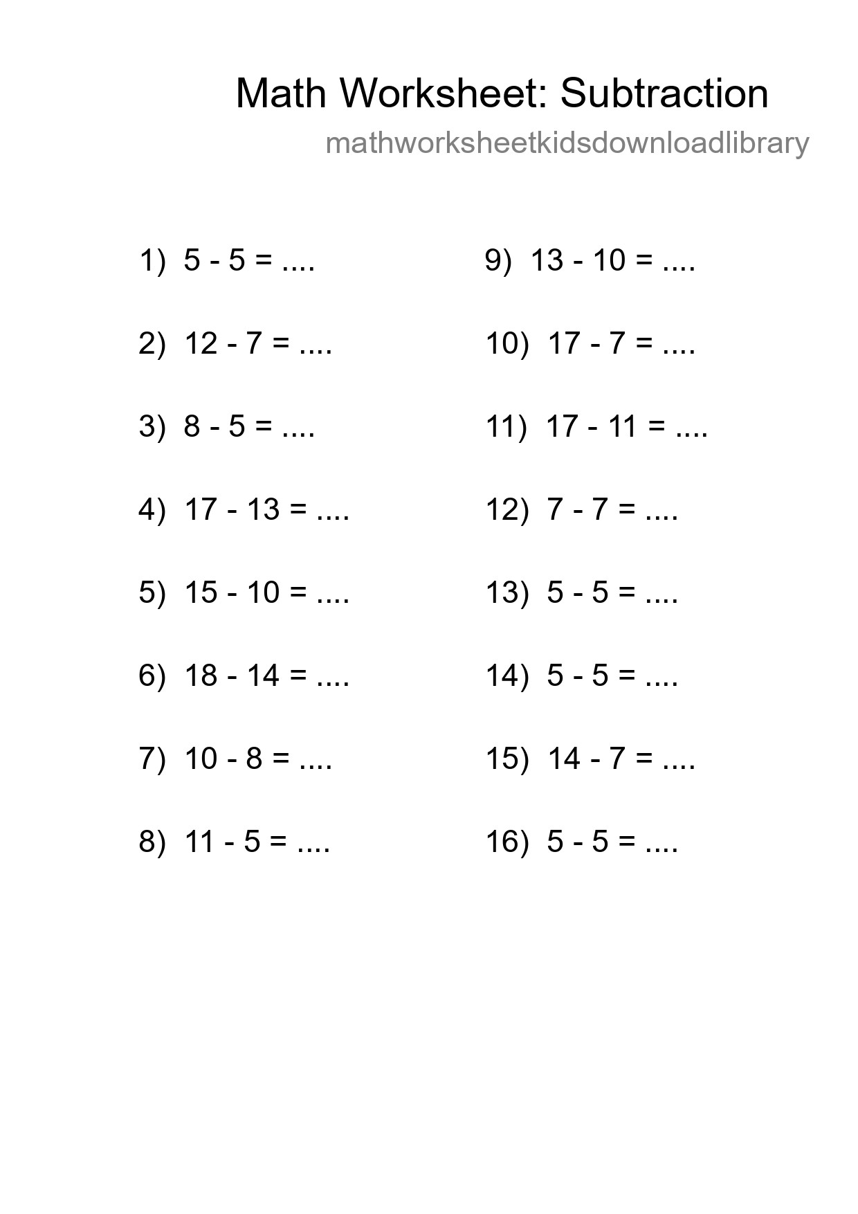 Printable Free 16 Subtraction Math Worksheet For Grade 2 - Part 173