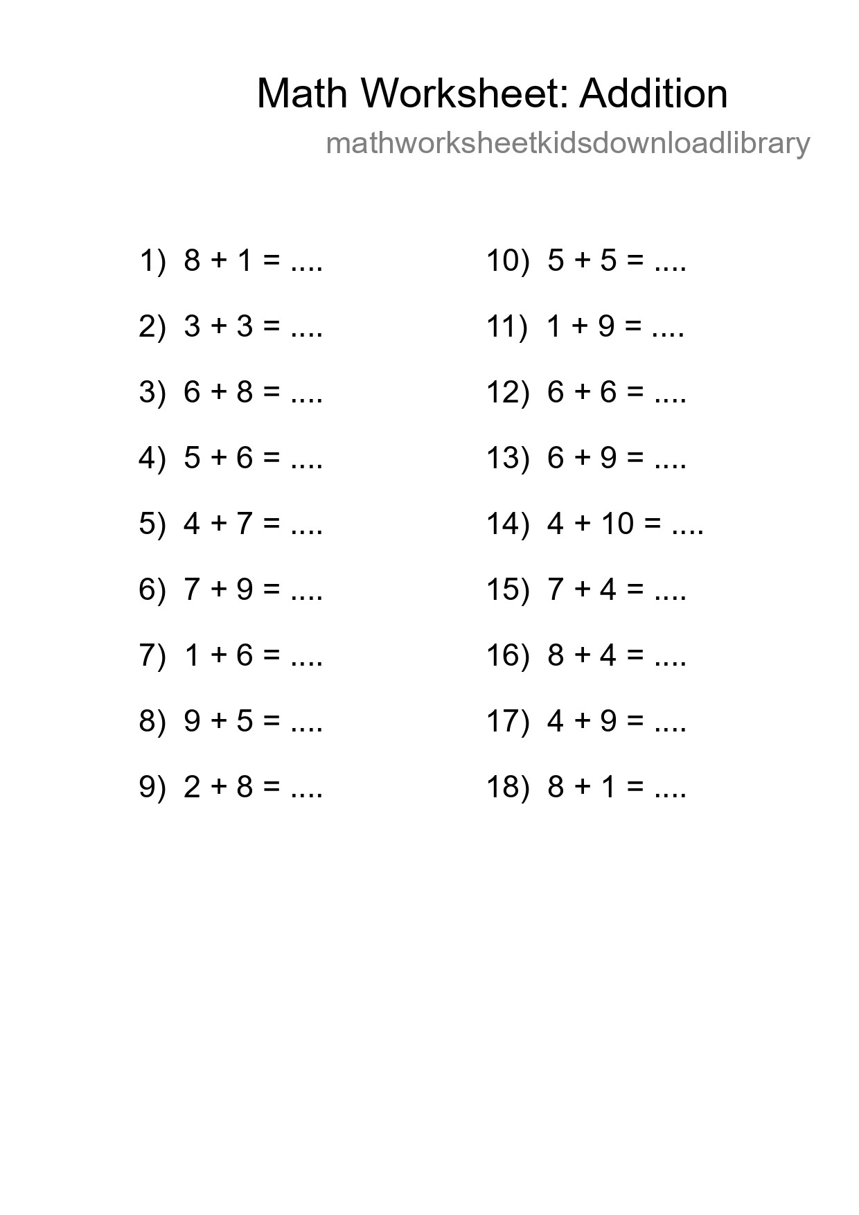 Printable Free 18 Addition Math Worksheet For Grade 1 - Part 232