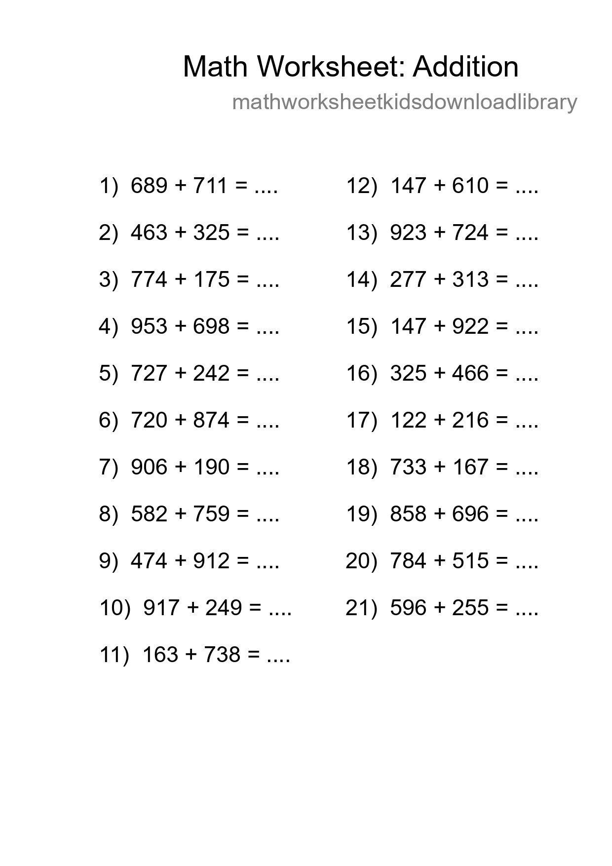 Printable Free 21 Addition Math Worksheet For Grade 5 - Part 210