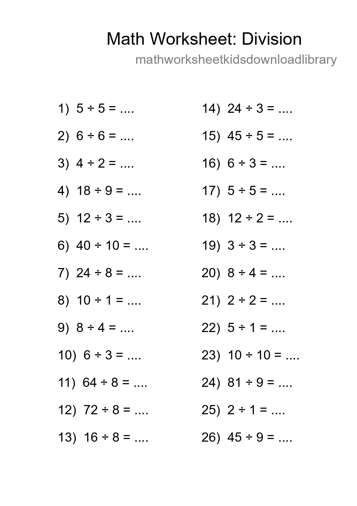 Printable Free 26 Division Math Worksheet For Grade 1 - Part 158
