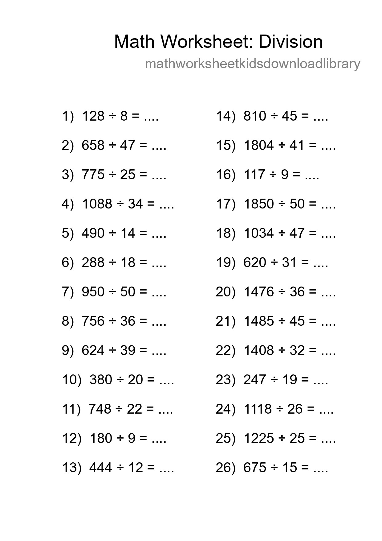 Printable Free 26 Division Math Worksheet For Grade 2 - Part 26
