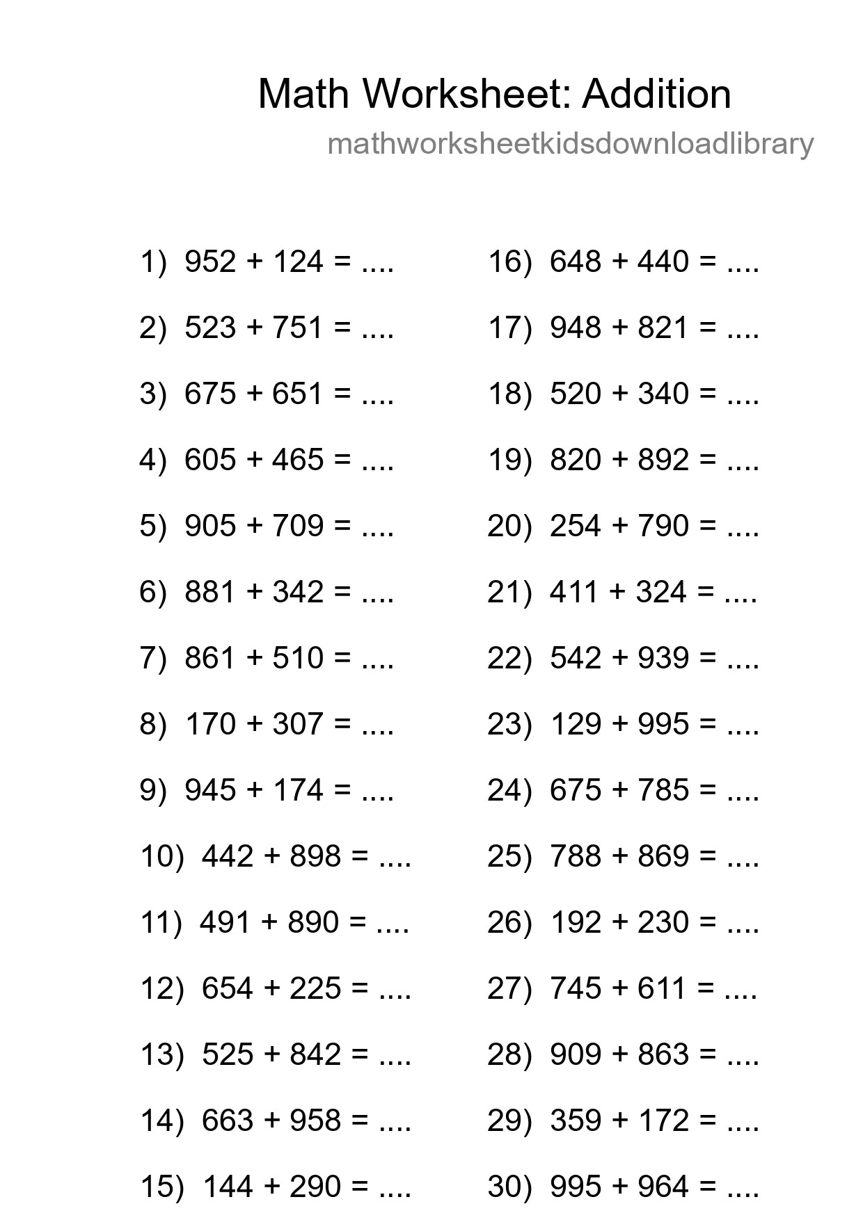Printable Free 30 Addition Math Worksheet For Grade 5 - Part 56
